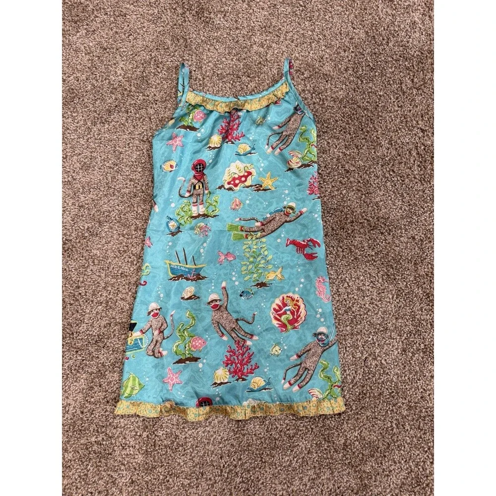 Y2K Nick And Nora Girls Satin Blue Nightgown Aquatic Sock Monkey Mermaid Fish 6X